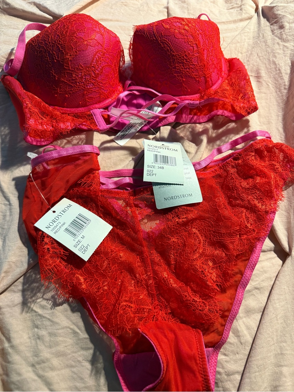 Ann Summers from Nordstrom Red Lace Push-Up Bra and Bikini Set with Pink Trim